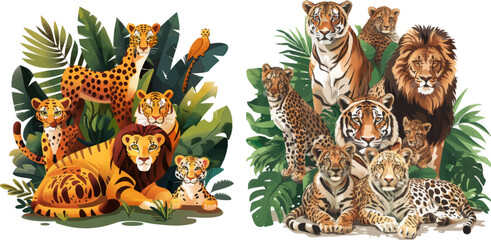 Sticker - Wild cats savanna and tropical forest. Jaguar panther flat set