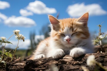 Wall Mural - a cat is lying on a log in the wild with flowers