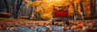 autumn in the park,
 Supermarket trolley in autumn park leaf fall dis