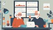 The retirement financial plan of an old couple. Illustration of an old couple looking at the dashboard of their stock portfolio on the Internet and discussing their retirement financial plans.