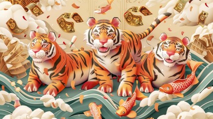 Poster - 2022 Chinese New Year card with tigers sitting on giant koi with lots of money flying above them. Wishes for an auspicious Tiger Year are on the right.