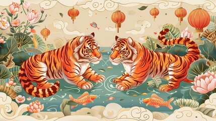 Wall Mural - Chinese New Year elements for the Year of the Tiger in 2022. Illustration of two zodiac animals tigers, a Chinese koi fish, and some wealth symbols on khaki background.