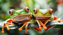 Two Vibrant Green And Orange Tree Frogs Perched Together On A Thin Leaf, Displaying Large Eyes And Slender Limbs.