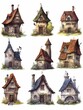 Watercolor illustration of a collection of tiny, magical cottages designed for different fairy tale characters, white  background. 
