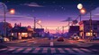 The city street crossroads are lit by lamp lights at night. Lights on the road in a cartoon modern background. Dark house with apartments and coffee shops. Urban panorama.