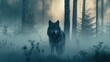 AI generated illustration of a wolf prowls a misty forest at night