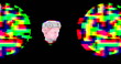 Image of antique head sculpture over multi coloured circles on black background