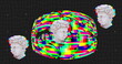 Image of antique head sculptures over multi coloured shape on black background