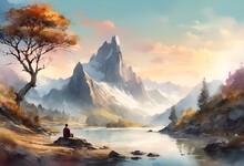 A Painting Depicting The Mountain Lake With Trees And Water,