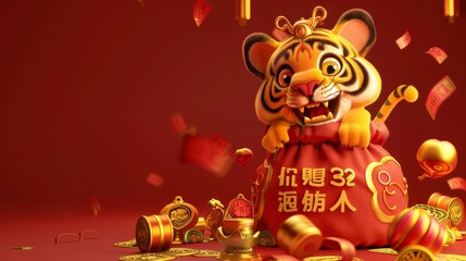 Sticker - A 3D rendering of a tiger appears from a glowing fortune bag full of money. The scroll has written in Chinese wishing you a happy new year for 2022.