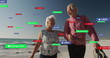 Image of social media text and icons over senior caucasian couple on beach
