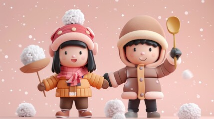 Poster - A cute boy and girl wearing winter clothes. Illustration of kids holding a spoon on their right hand and a girl holding a glutinous rice ball overhead.