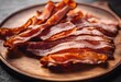 AI-generated illustration of a wooden plate of sliced bacon pieces