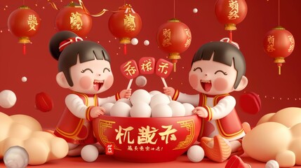 Wall Mural - Three-dimensional rendering of Chinese kids celebrating the Lantern Festival with glutinous rice ball soup. Text of the Lantern Festival is written on the couplets, and the bowl has a blessing on it