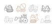 Cute little cars, truck. Cartoon cars outline. Flat vector illustrations isolated on white background	
