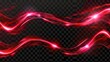 A realistic set of neon red waves isolated on a transparent background. Modern illustration of highway traffic speed effect, luminous light trail, curve lines, and magical energy stream glowing in