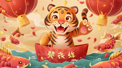 Poster - Template for 2022 CNY red envelope. Illustration of tiger in Chinese god of wealth costume peeking out of red envelope with kois swimming across. Chinese New Year greeting on red packet.