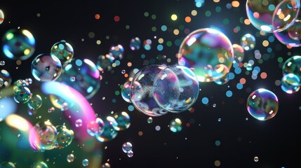 Poster - 3D magic foam animation sequence with reflections sprites. Isolated realistic sheet with rainbow shampoo ball explosion in air graphics.