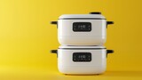 Fototapeta Storczyk - An isolated white smart rice cooker with a handle and black electronic panels is isolated on a yellow background