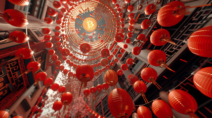 Golden dragon soars above Bitcoin in a vibrant red Chinese New Year scene.