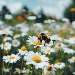 Wall Mural - AI generated illustration of a bee resting on white and yellow flowers