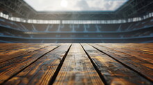 An empty stadium with no one in the stands vaguely visible beyond the empty wooden tables. Generative AI