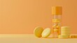 Yellow tablets and effervescent Vitamin C tablet tubes mockup isolated on light orange background.
