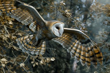 Sticker - AI generated illustration of an owl soaring above forest branches