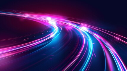 Wall Mural - The glowing neon effect of high speed race curve lines. The blue and pink luminous trail of fast car lights moving. A realistic modern illustration of energy flashes going away.