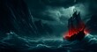 AI generated illustration of a pirate ship sails in the ocean at night near a lighthouse
