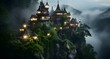 AI generated illustration of a stunning mountaintop home enveloped in mist at night