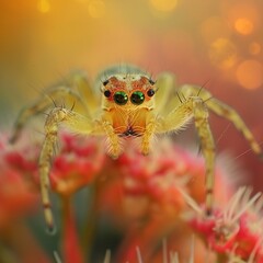 Wall Mural - AI generated illustration of a close-up of a spider with blurred flowers in the background