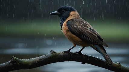 Wall Mural - AI-generated illustration of a bird perched on a tree branch in the rain