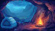 Fire burning in underground grotto, smoke filling narrow mountain tunnel, tourist equipment lying on ground, adventure game in dark cave. Modern cartoon illustration.