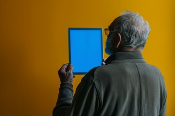 Application mockupover the shoulder shot of a senior man holding an ebook with an entirely blue screen