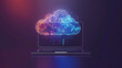Laptop transferring files to the cloud file and data storage. Cloud computing service, abstract technology background with cloud symbol