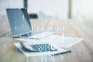 Aufkleber - Abstract virtual binary code illustration on calculator and laptop background. Big data and coding concept. Multiexposure