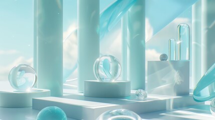 An attractive summer display scene composed of transparent cuboids, crystal balls, and round podiums.