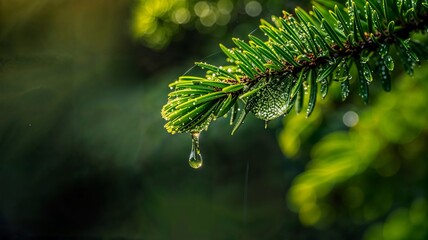 Poster - a small drop hangs from the end of a pine tree