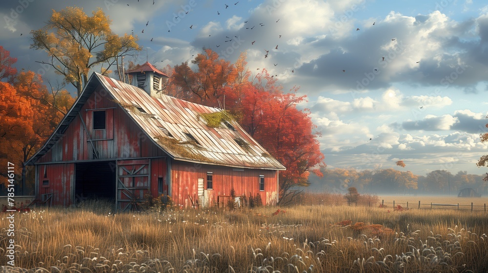 an old barn with a rusted roof in autumn with autumn trees Stock ...