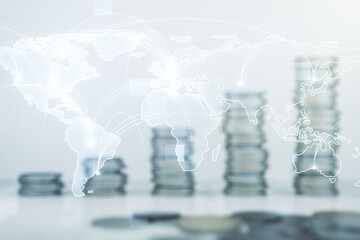 Poster - Abstract graphic digital world map hologram with connections on coins background, globalization concept. Multiexposure