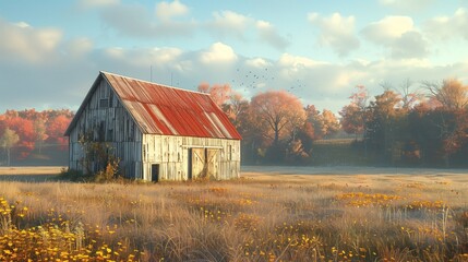 Wall Mural - a barn with a red tin roof in the field next to a meadow