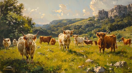 Canvas Print - this is a painting of cows in the mountains near a wooded area