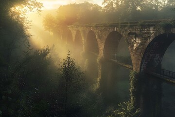 Canvas Print - an image of sunrise with fog in the air and trees