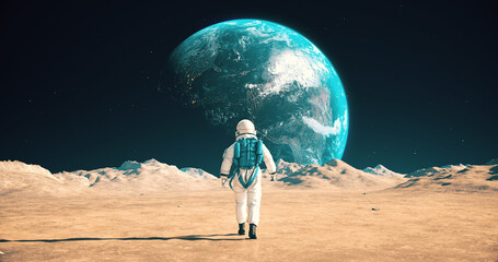 Wall Mural - brave astronaut walking on an alien planet. beautiful earth in sky. space related majestic scene.