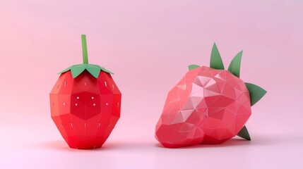 Wall Mural - A ripe strawberry in paper art style is isolated on a light pink background.