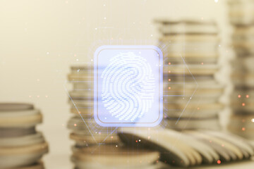 Aufkleber - Multi exposure of virtual abstract fingerprint illustration on stacks of coins background, digital access concept