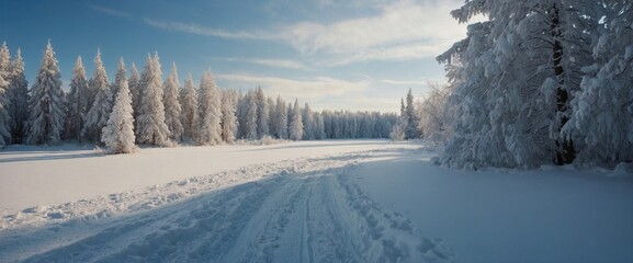 Sticker - AI generated illustration of a hyper-realistic photograph of a snowy road winding through a forest