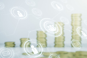 Poster - Abstract virtual social network hologram on coins background. Double exposure