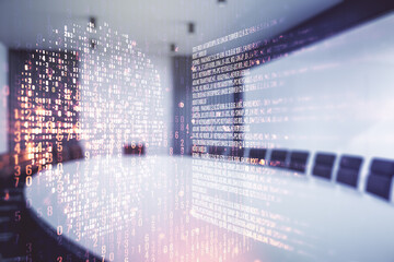 Poster - Abstract virtual code skull illustration on a modern conference room background. Hacking and phishing concept. Multiexposure